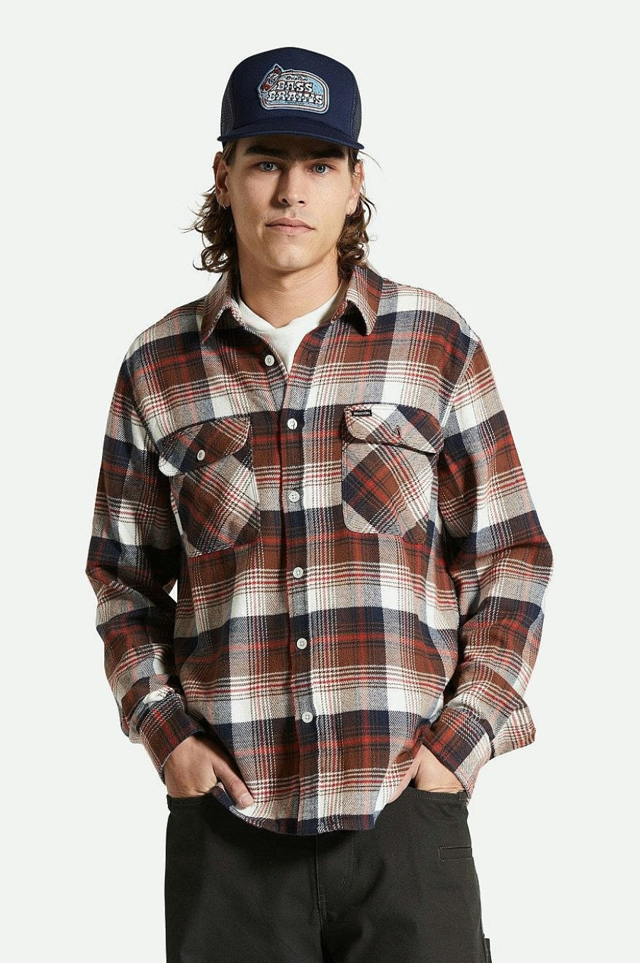 Brixton Bowery-Flanel Gewassen Marineblauw/Sepia/Gebroken Wit Clearance