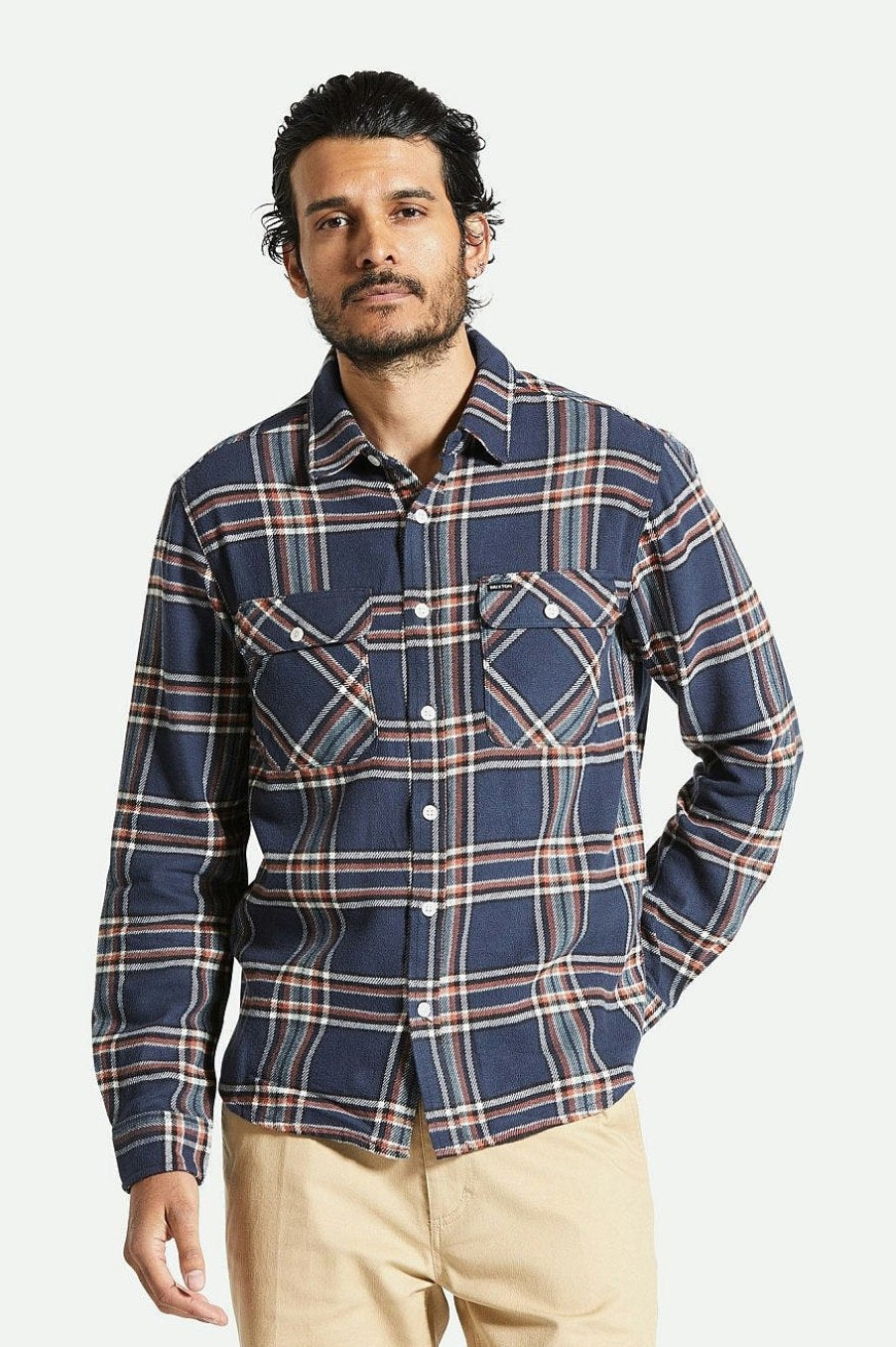 Brixton Bowery-Flanel Gewassen Marineblauw/Gebroken Wit/Terracotta Clearance